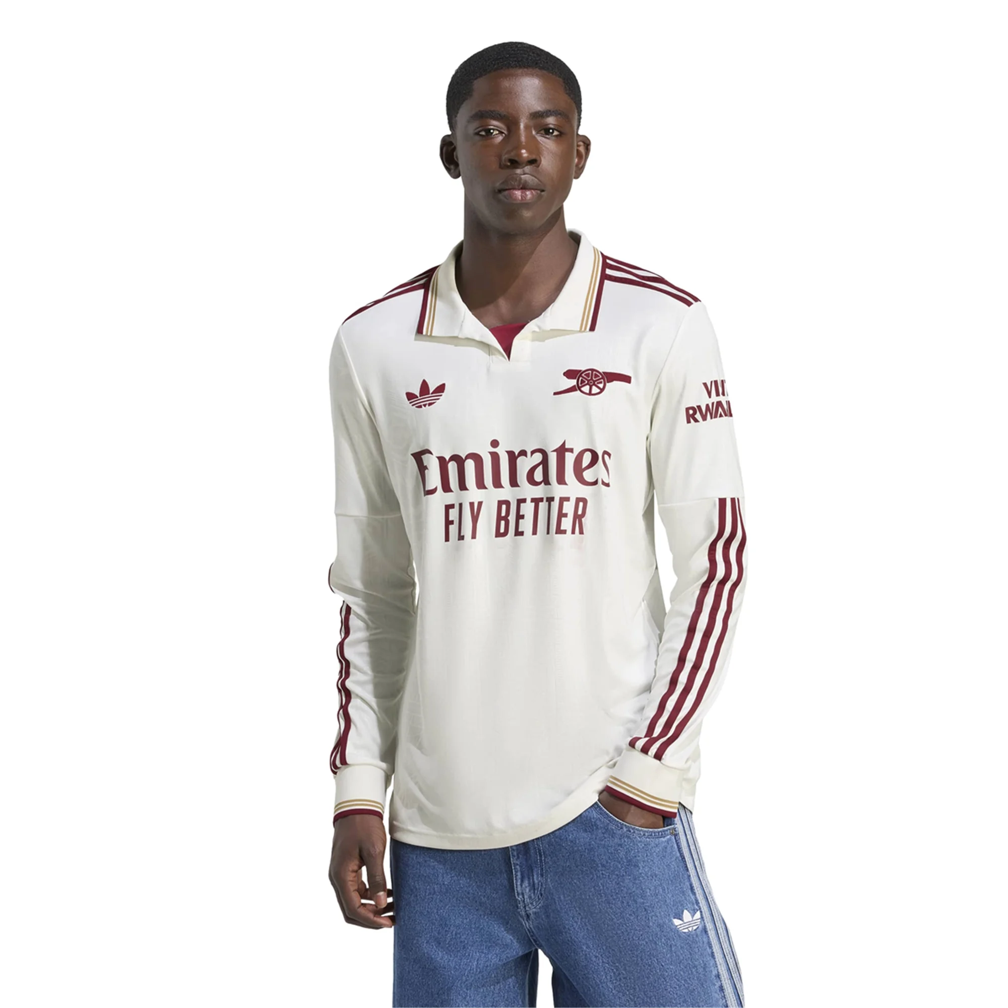 adidas Arsenal Ben White Third Long Sleeve Jersey w/ EPL + No Room For Racism 25/26 (White/Burgundy)