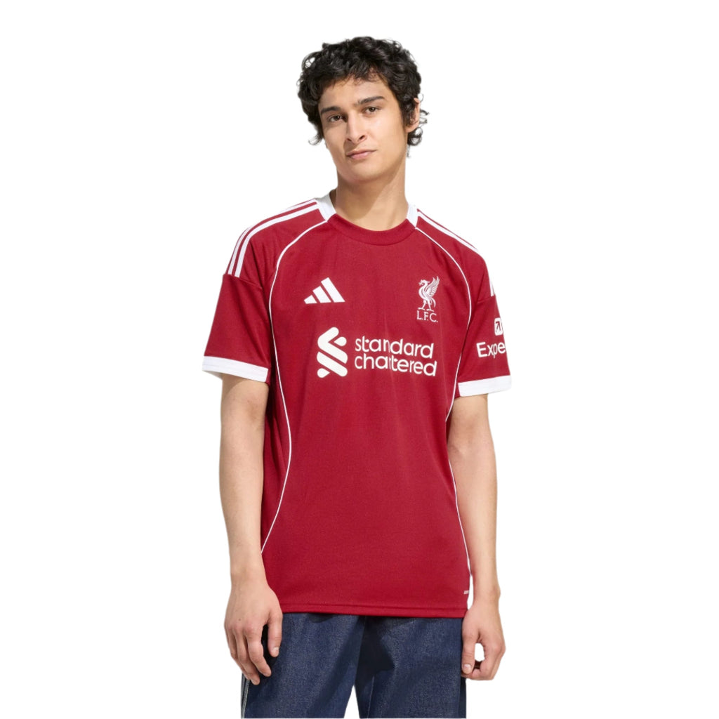 adidas Men's Liverpool Leoni Home Jersey 25/26 w/ Champions League Patches (Strawberry Red)