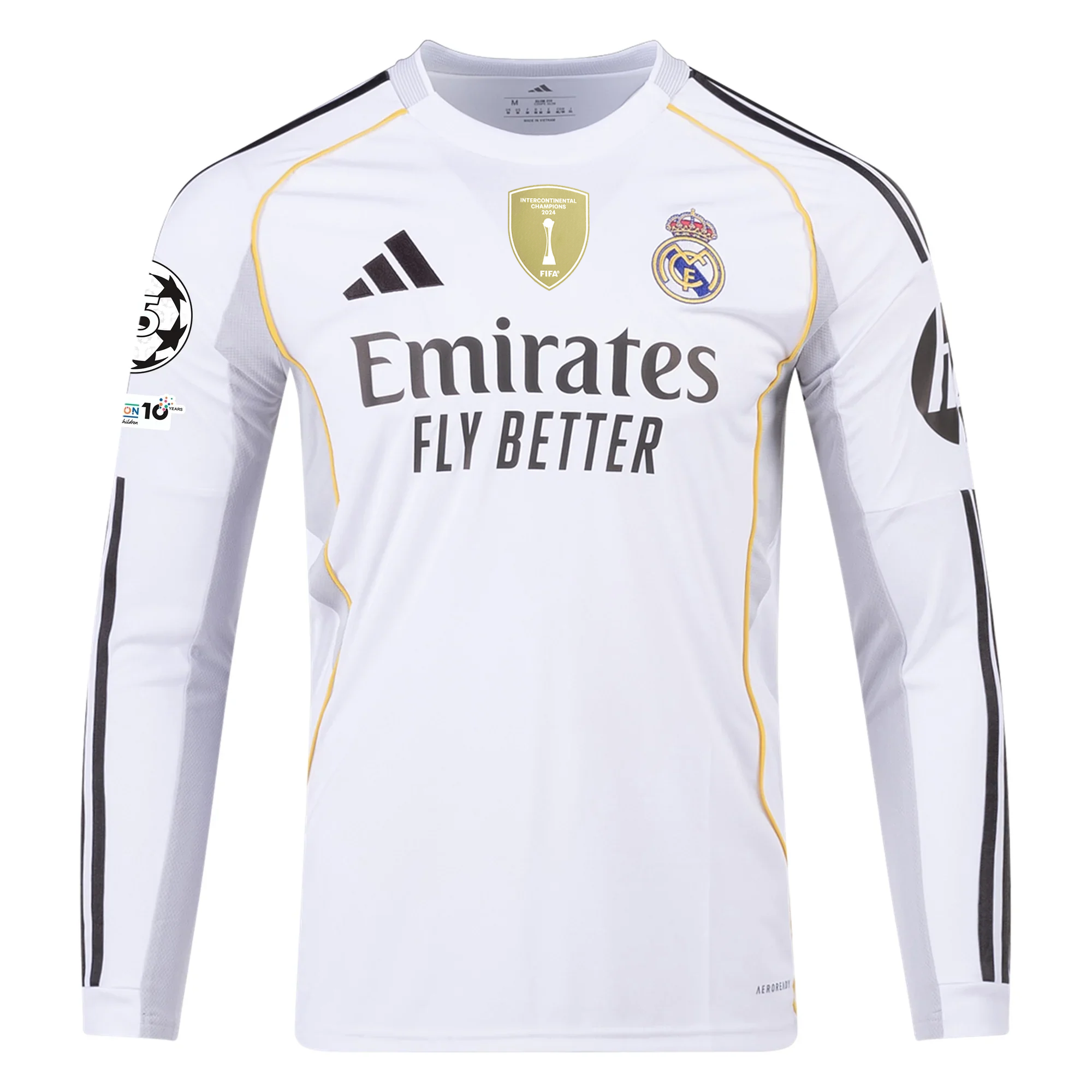 adidas Real Madrid Huijsen Long Sleeve Home Jersey w/ Intercontinental + Champions League Patches 25/26 (White)