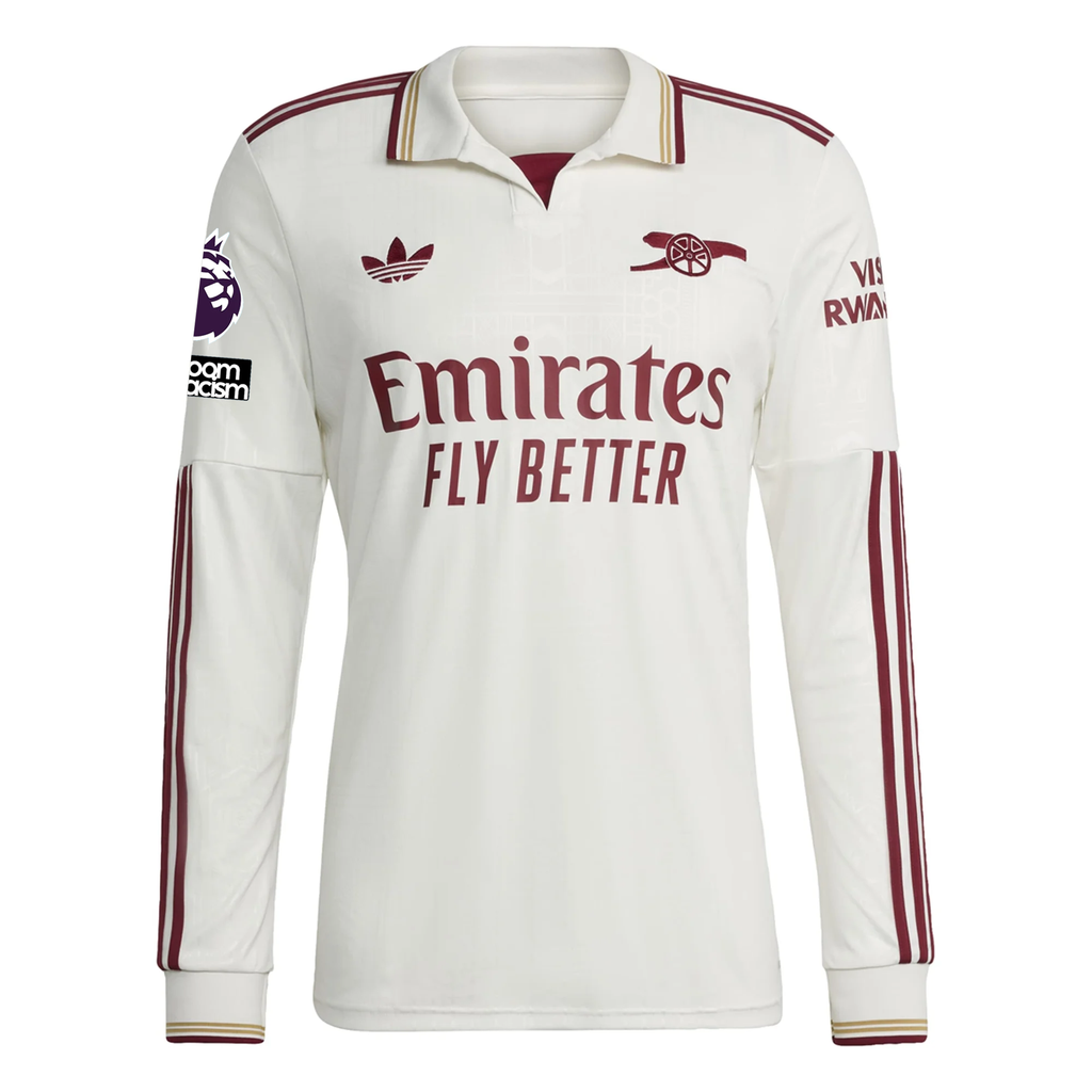 adidas Arsenal Third Long Sleeve Jersey w/ EPL + No Room For Racism 25/26 (White/Burgundy)