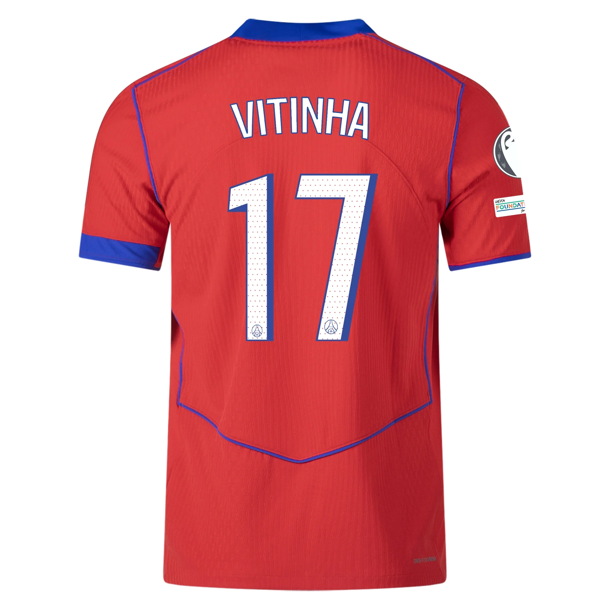 Nike Men's Paris Saint-Germain Authentic Vitinha Third Jersey w/ Champions League Patches 25/26 (Sport Red/Hyper Royal)